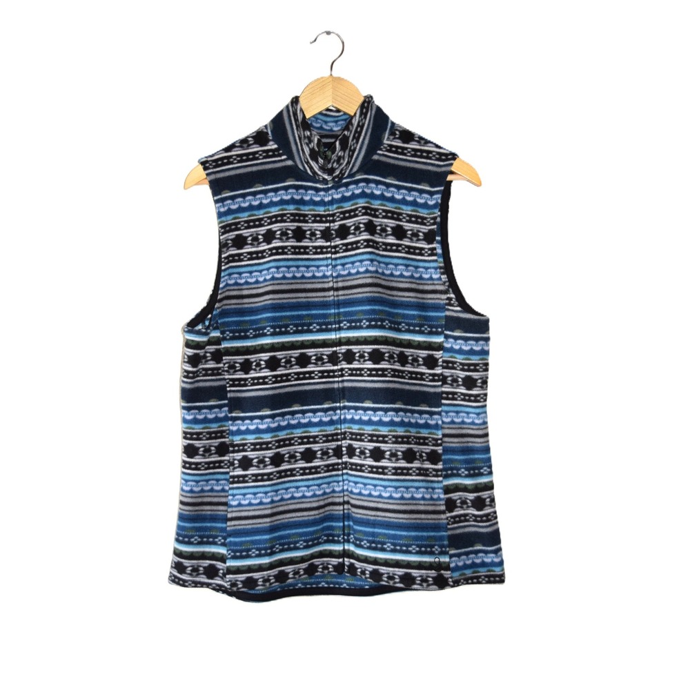 Cuddl Duds Fleece Vest Women XL Blue Black Excellent Full Zip Mock Neck Stretch